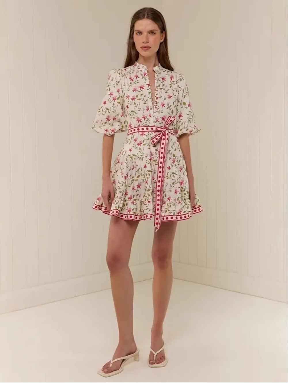Floral Tie-Waist Mini Dress in Cream and Pink